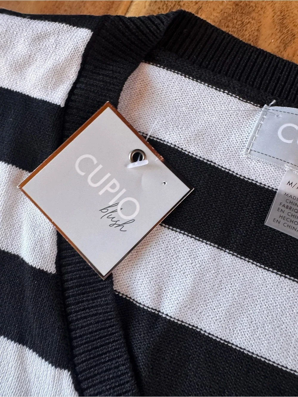 Cupio Black & White Striped V-Neck Sweater with Red & Pink Heart Details
